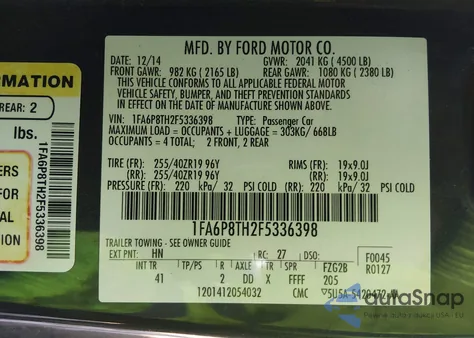 2015 Ford Mustang Ecoboost из США, поврежденный, VIN 1FA6P8TH2F5336398